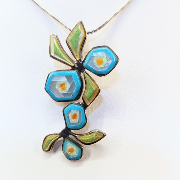 Handmade 1 3/4" Long Sterling Opal MOP Gemstones Necklace Pendant OOAK - Picture 3 of 7